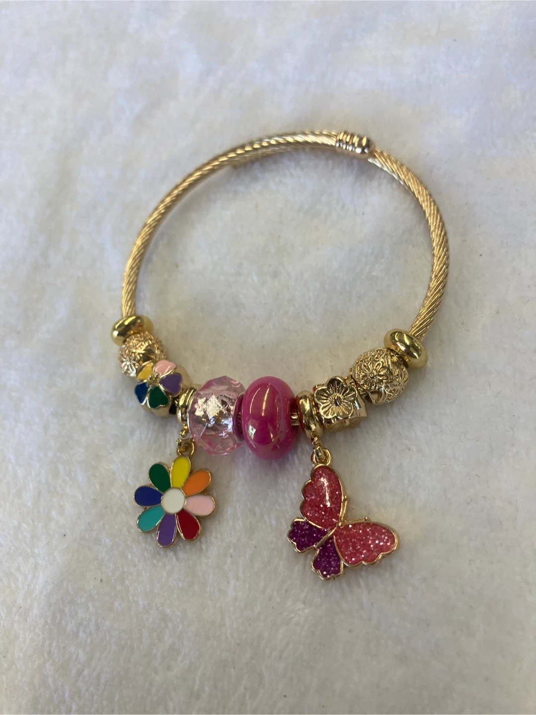 Gold Tone Charm Bracelet with Butterfly and Flower