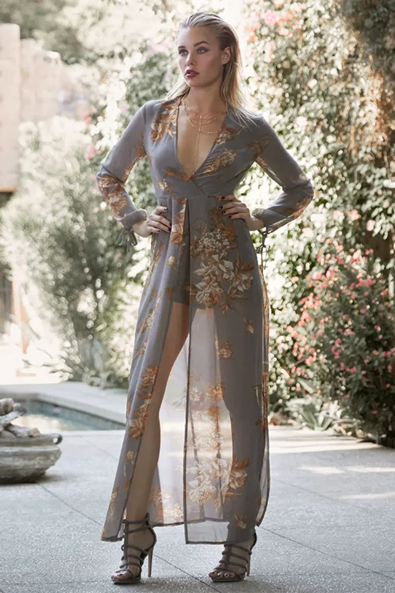 Lulus Grey Floral Maxi Dress / Romper - photo 2