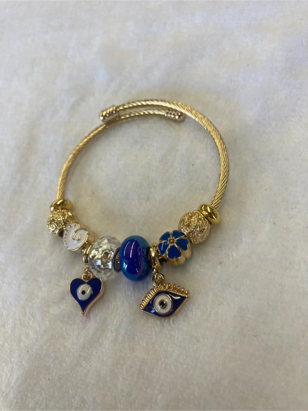Gold Charm Bracelet with Evil Eye and Heart Charms