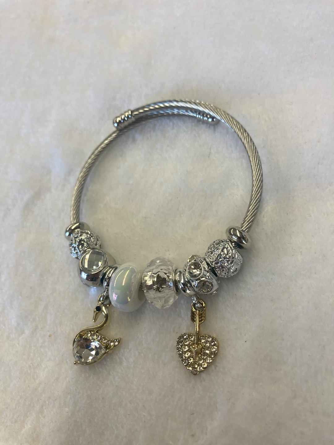 Charm Bangle Bracelet with Swan and Heart Charms