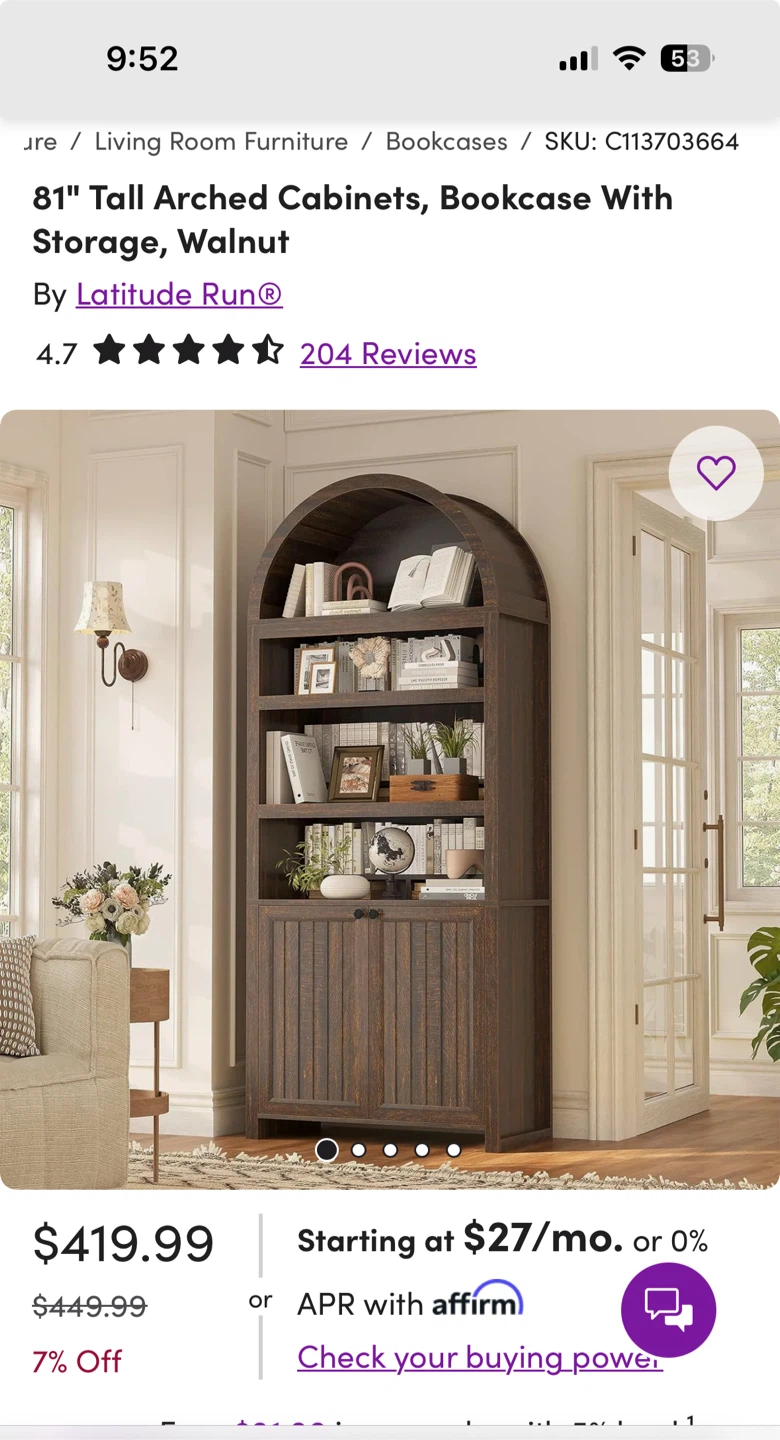 Run 81" Tall Arched Cabinet Bookcase With Storage, Walnut