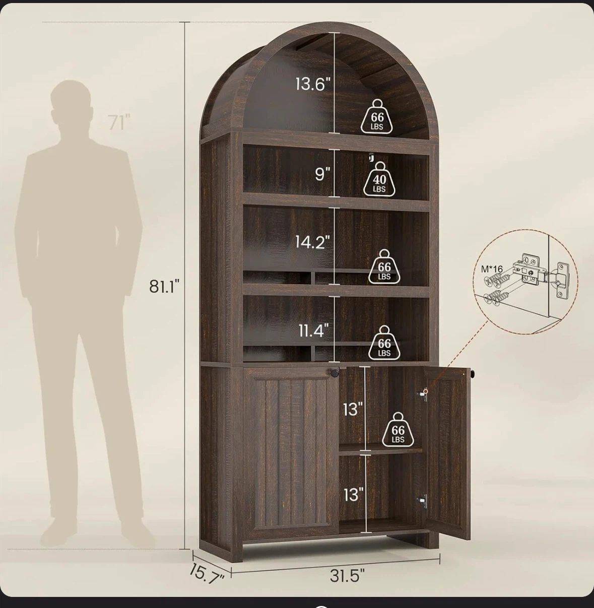 Run 81" Tall Arched Cabinet Bookcase With Storage, Walnut - photo 2