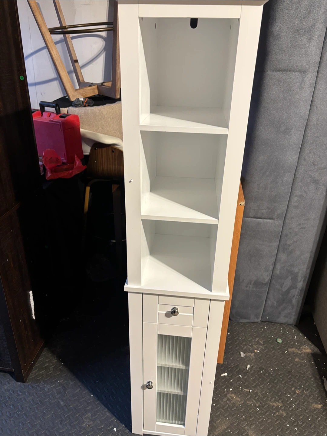 White Narrow Storage Cabinet with Drawer and Glass Door
