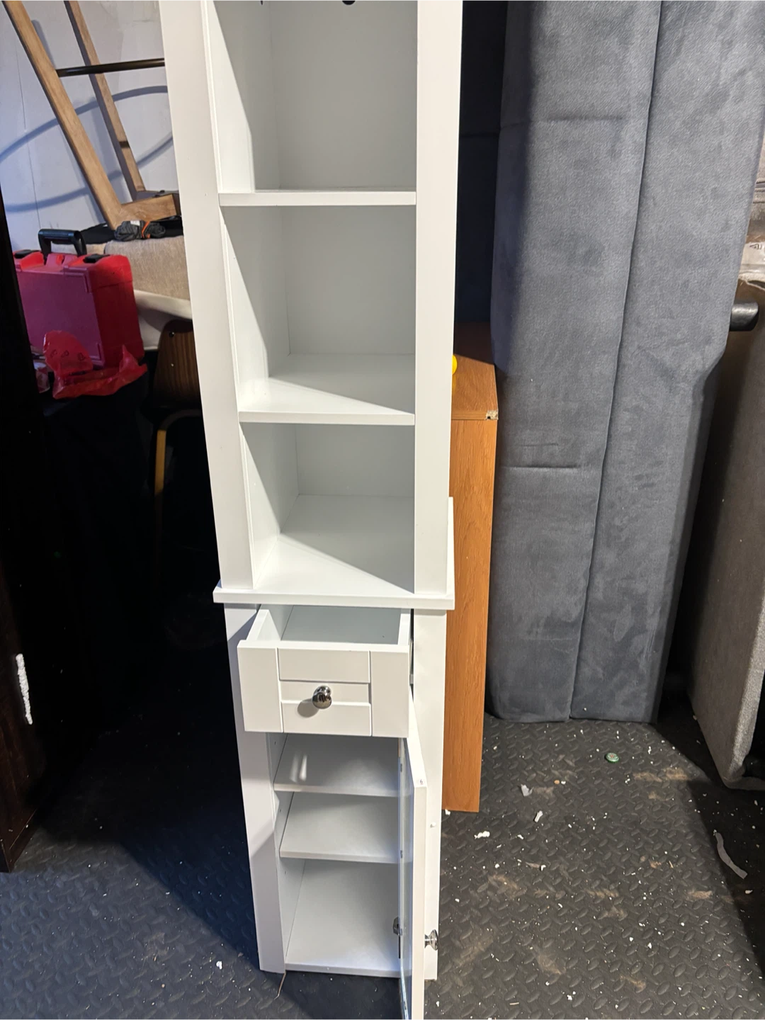White Narrow Storage Cabinet with Drawer and Glass Door - photo 2