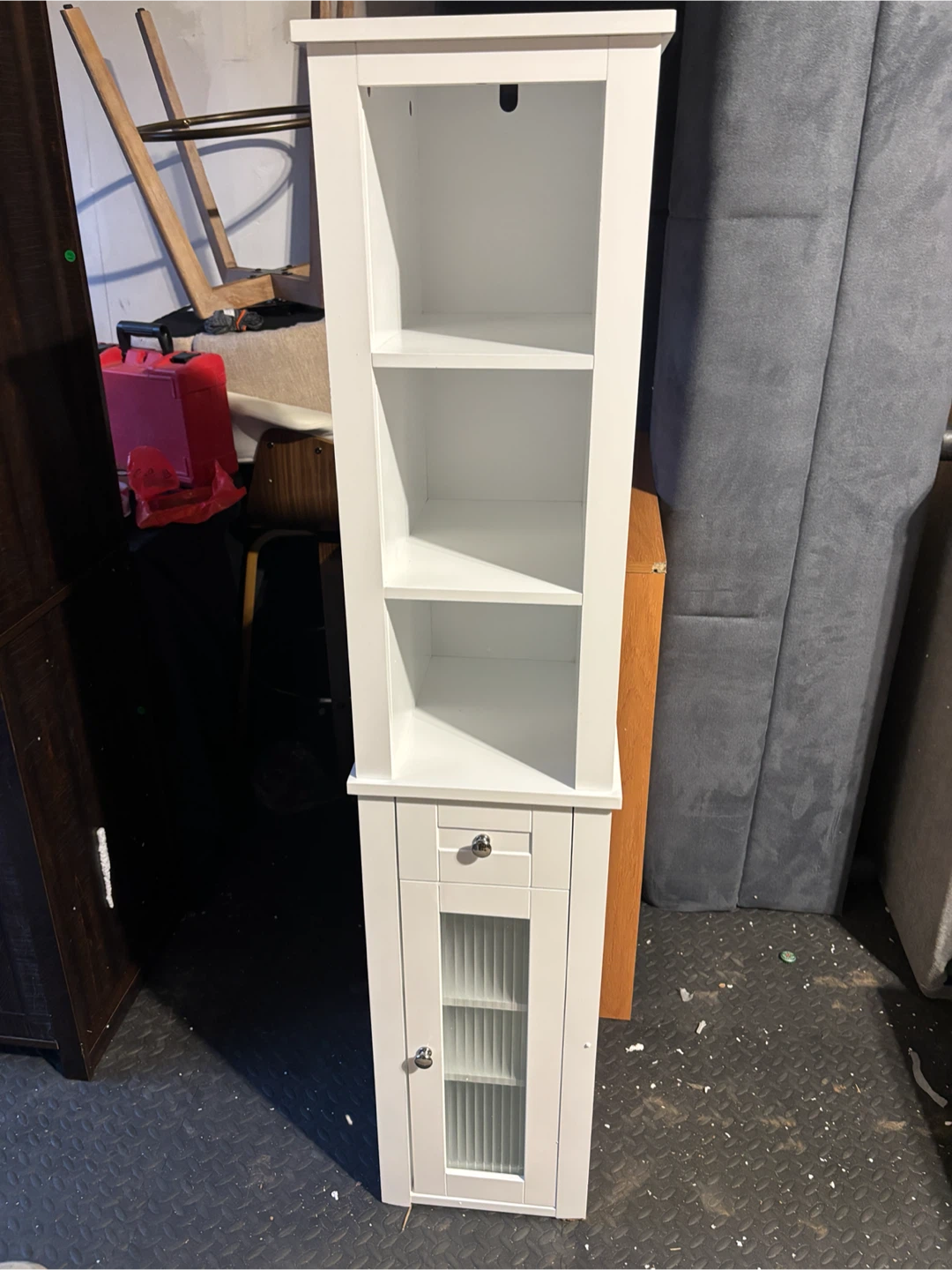White Narrow Storage Cabinet with Drawer and Glass Door - photo 3