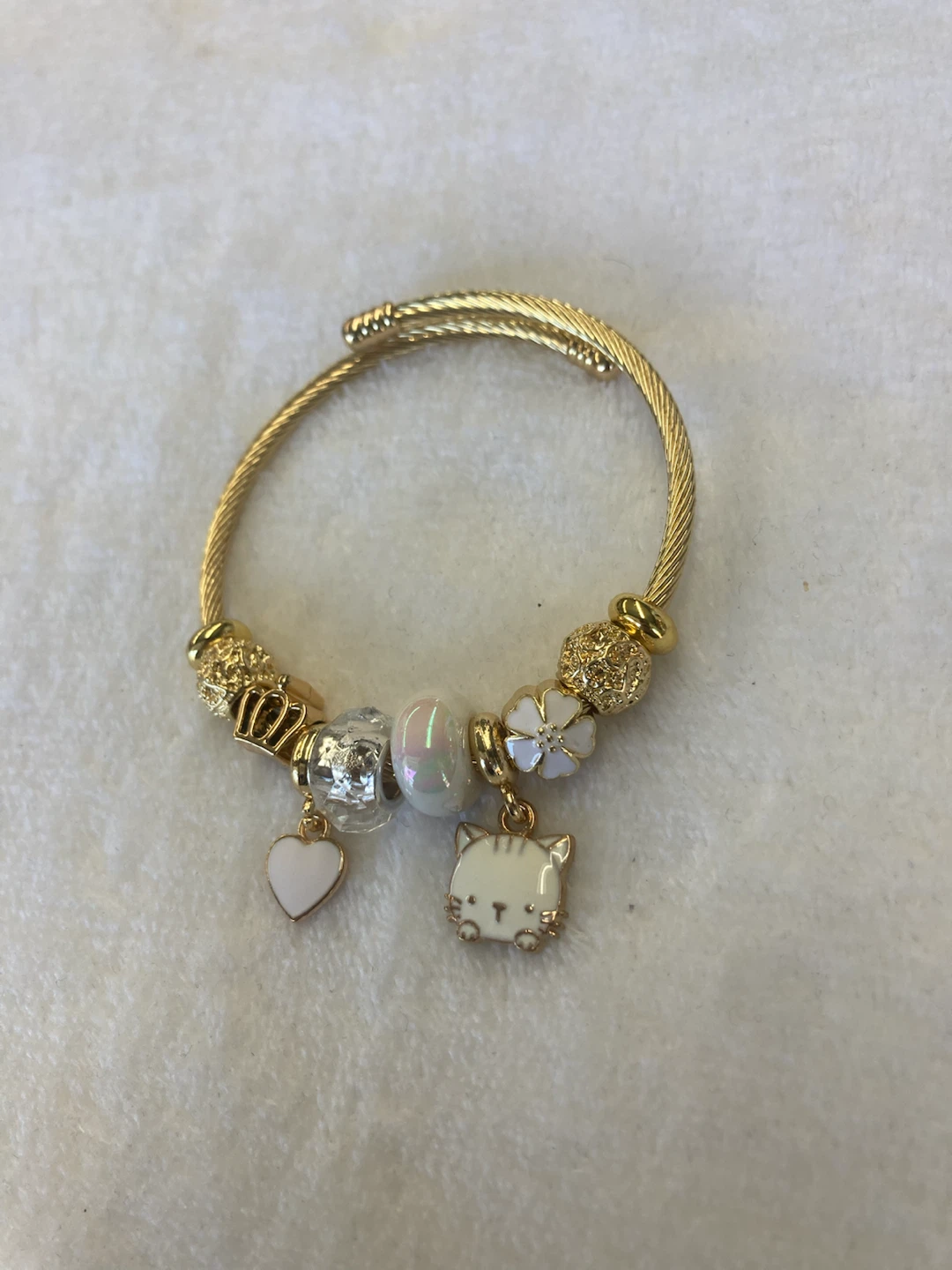 Gold Tone Charm Bracelet with Cat and Heart Charms