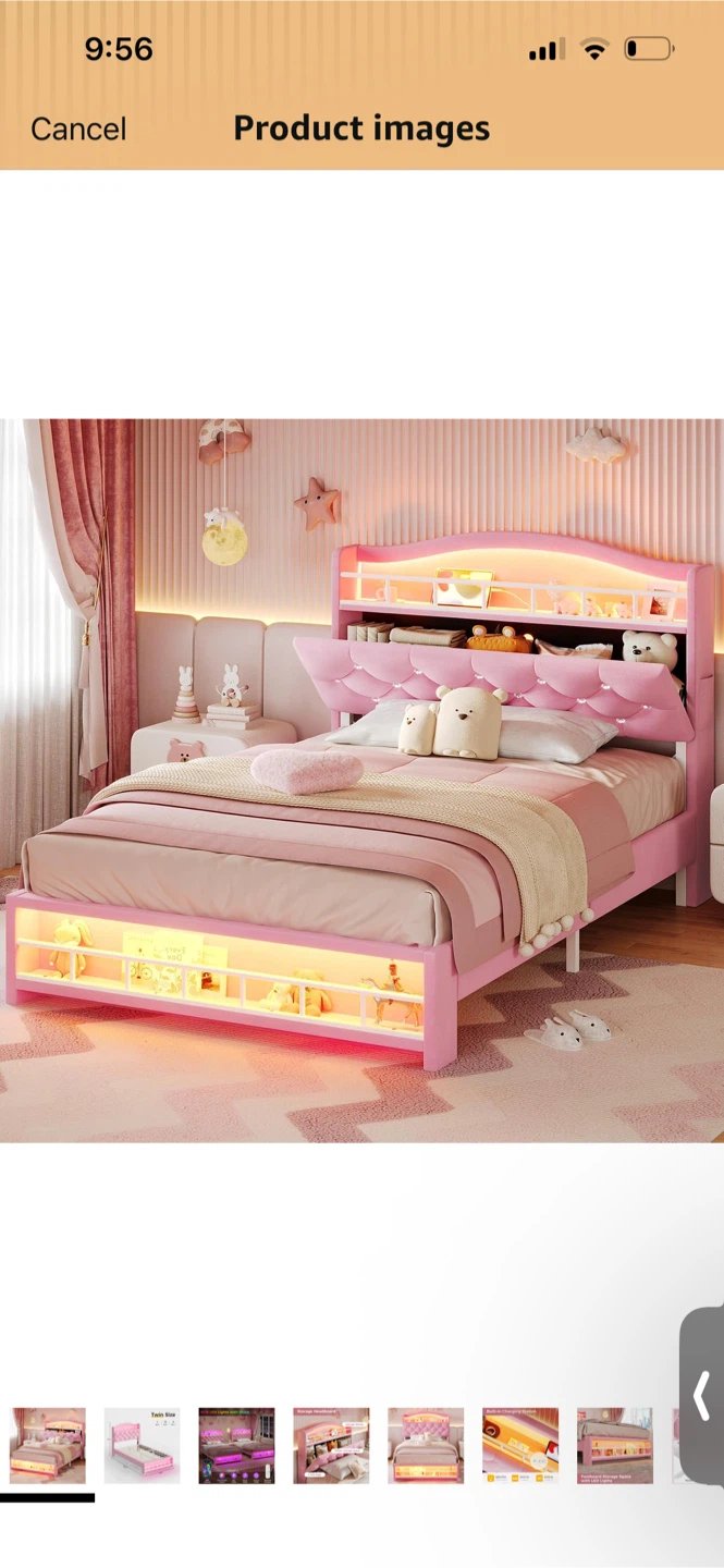 Pink Twin Size Bed with LED Lights and Storage