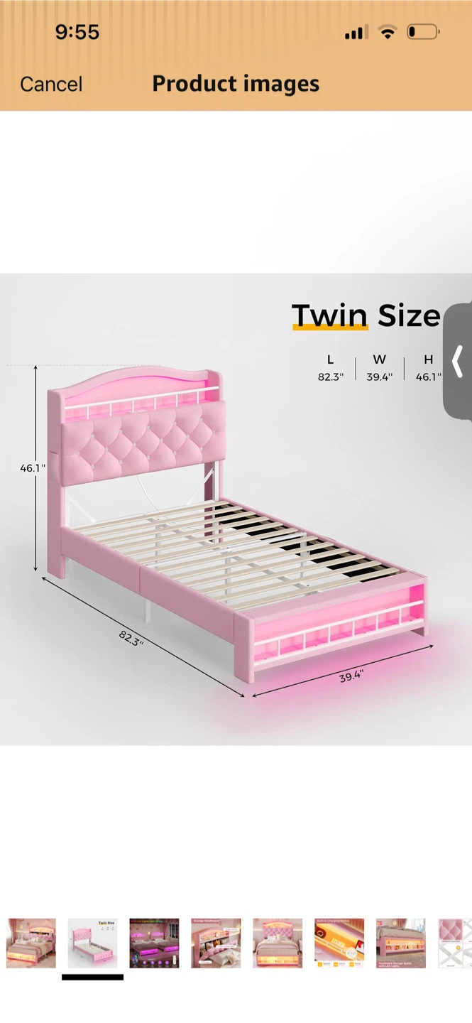Pink Twin Size Bed with LED Lights and Storage - photo 2