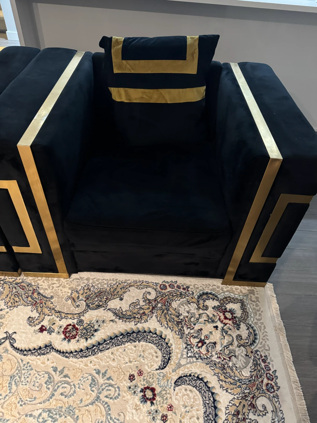 Black Velvet Sofa with Gold Accents