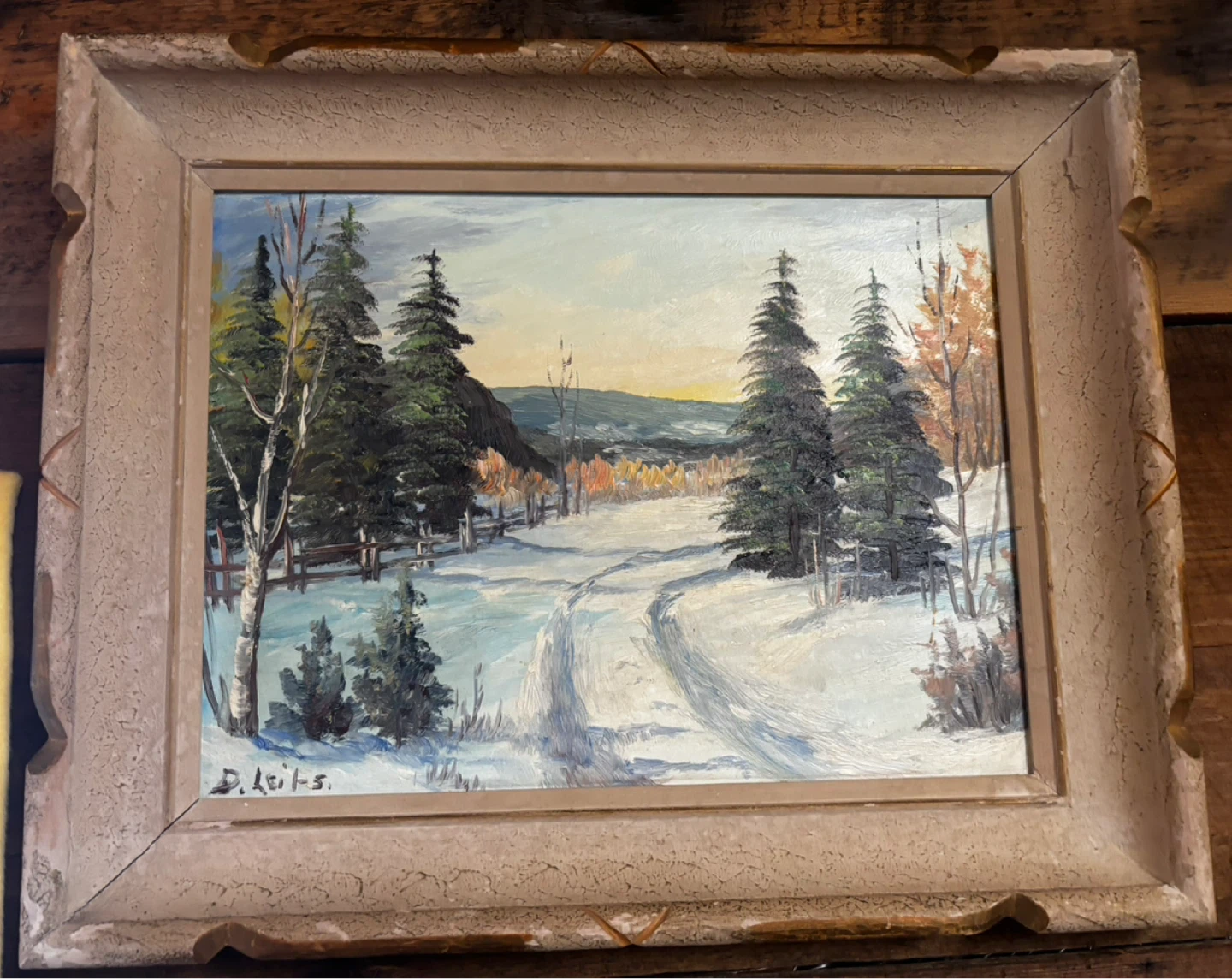 Framed Winter Landscape Painting by D. Leits