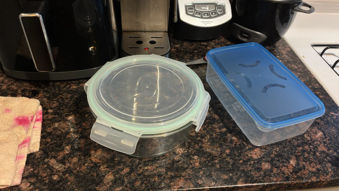 Glass Food Storage Container and Plastic Blue Lid container