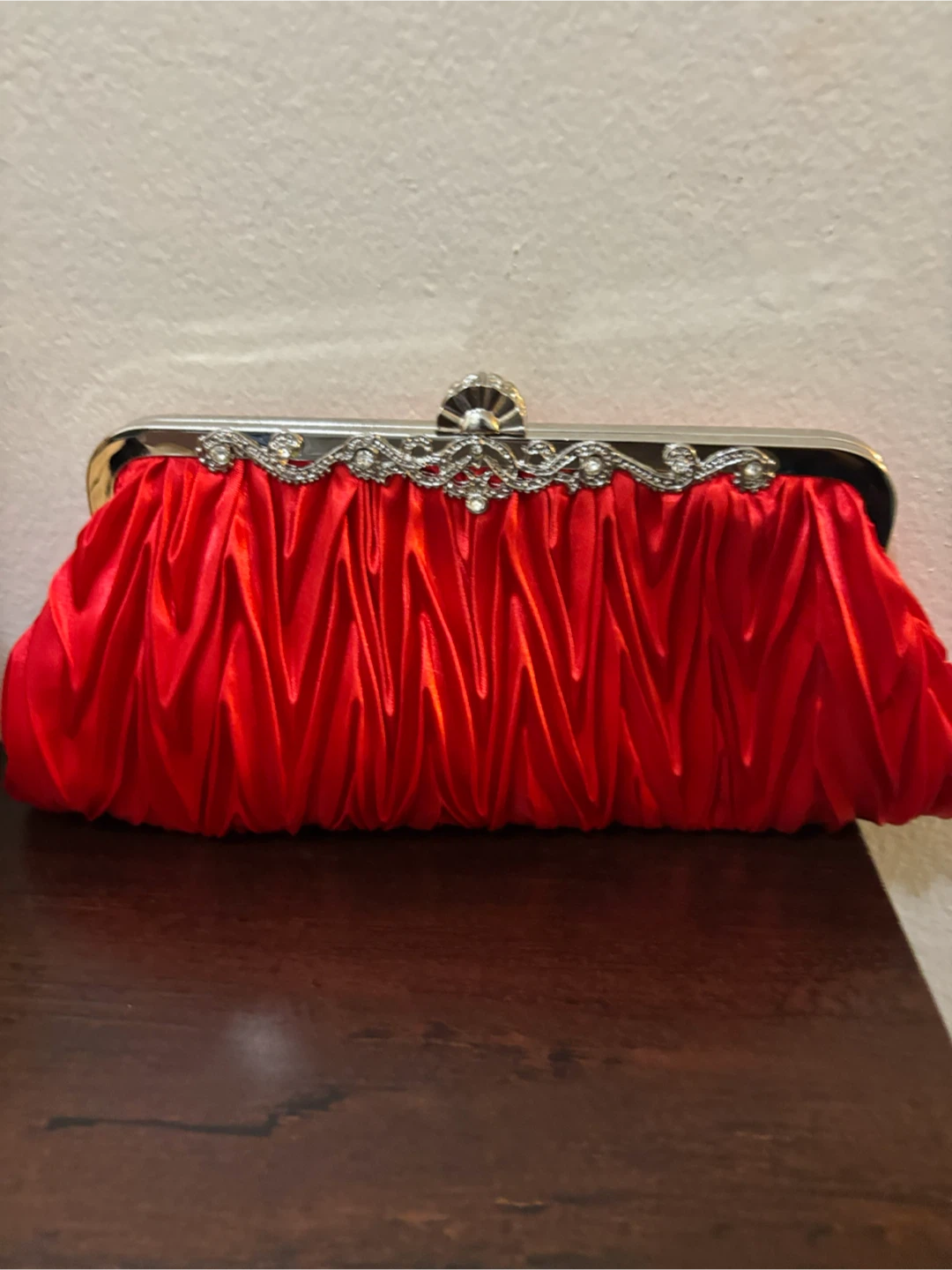 NEW-Red Ruched Clutch with Rhinestone Embellishment