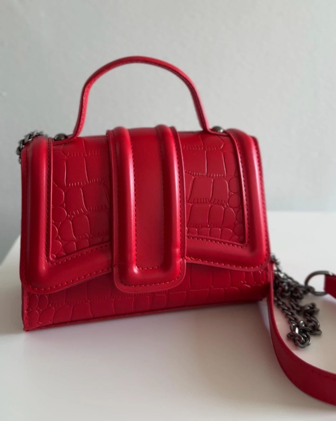 Red Croc Embossed Handbag with Chain Strap