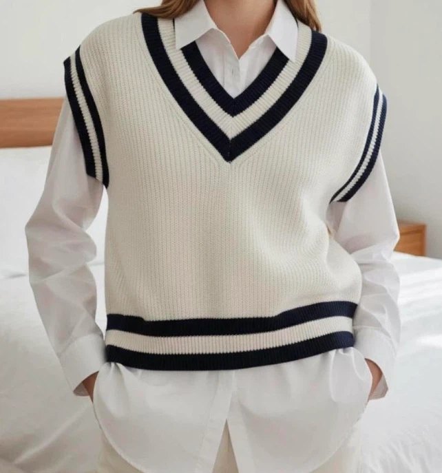 Dotti Line Knit Vest White/Navy