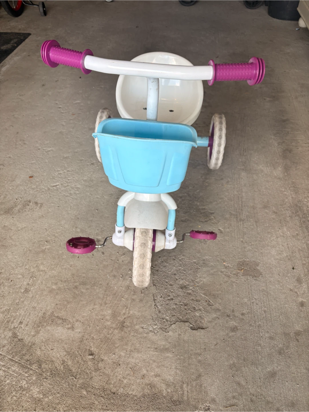Blue and White Tricycle with Basket