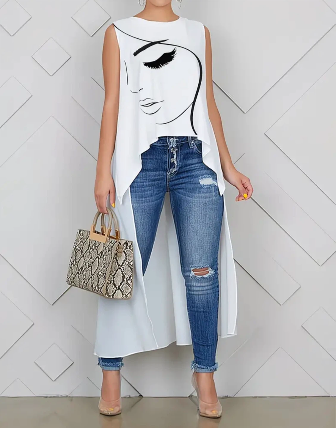 Women's White Sleeveless Asymmetrical Tunic Top with Face Print