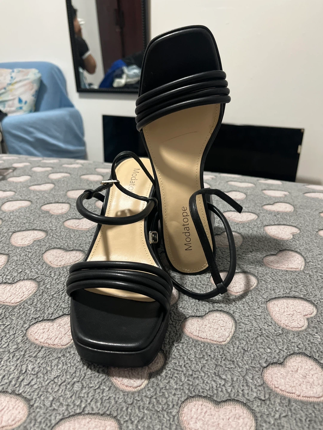 Modatope Black Strappy Block Heel Sandals