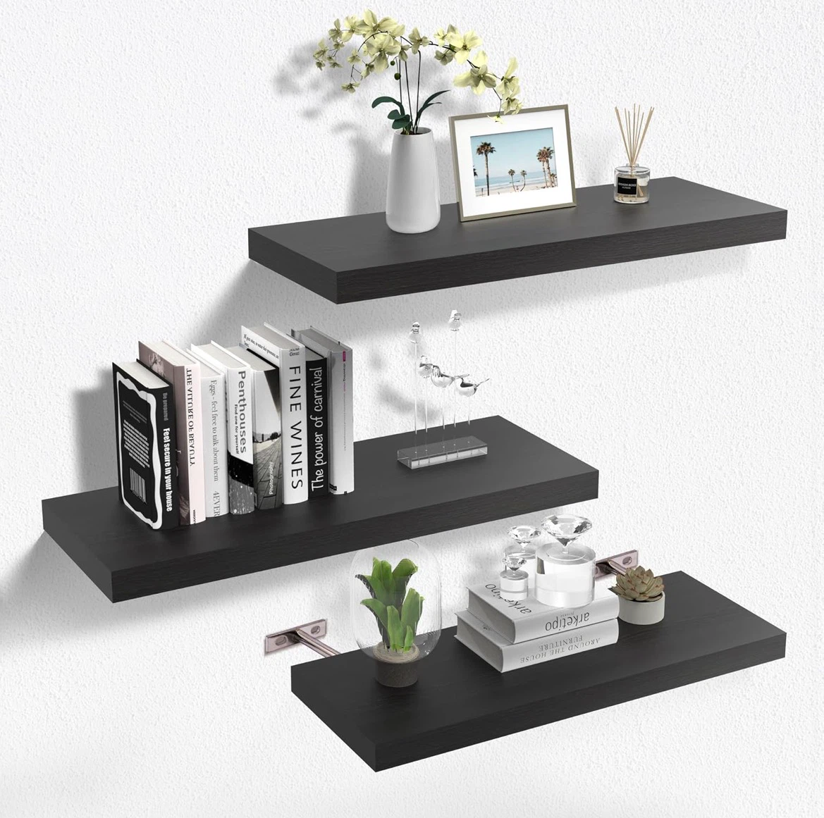 Set of 3 Black Floating Shelves brown color - photo 4