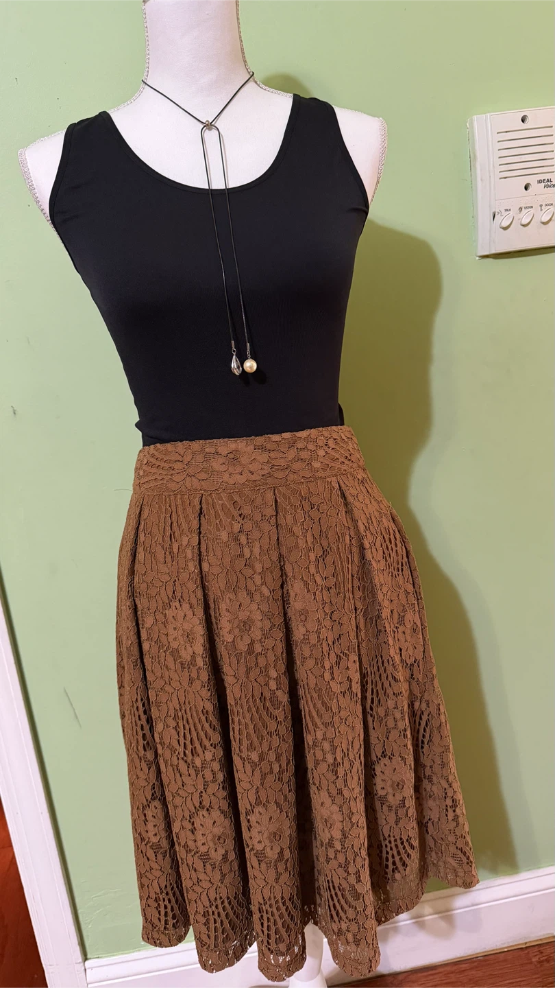 Brown Lace A-Line Midi Skirt
