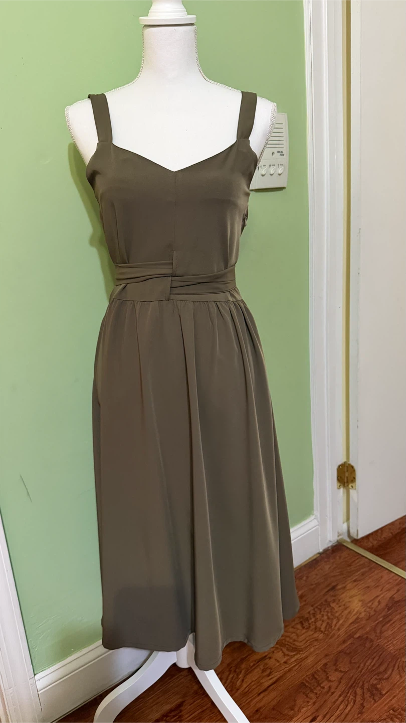 Olive Green Midi Dress with Tie Waist