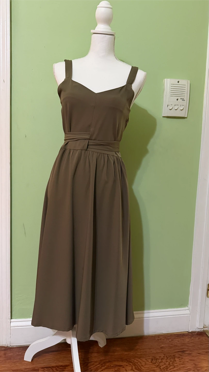 Olive Green Midi Dress with Tie Waist - photo 2