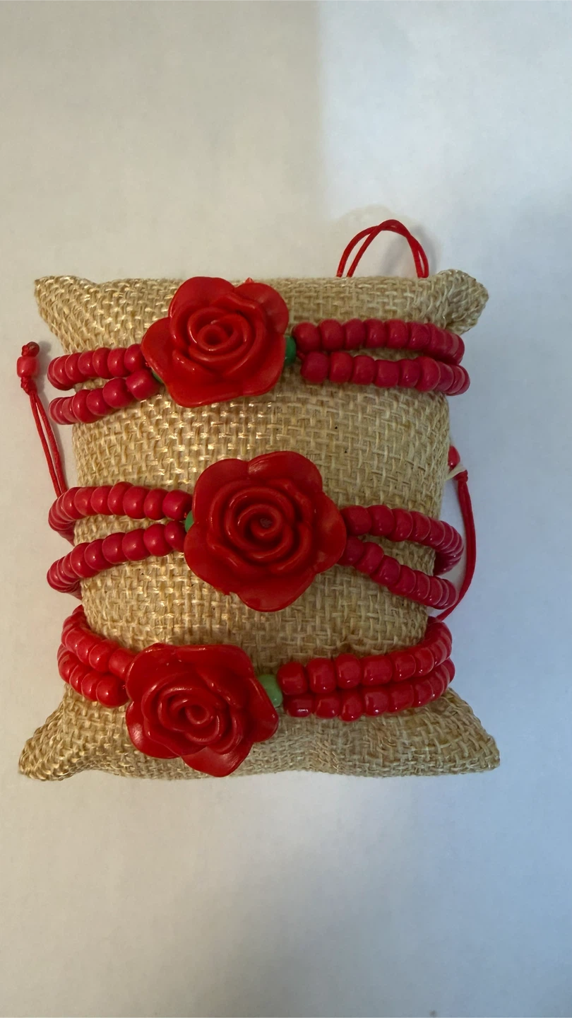 Set of 3 Red Beaded Bracelets with Rose Charms