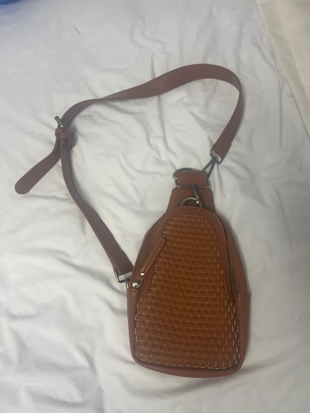Brown Faux Leather Woven Sling Bag