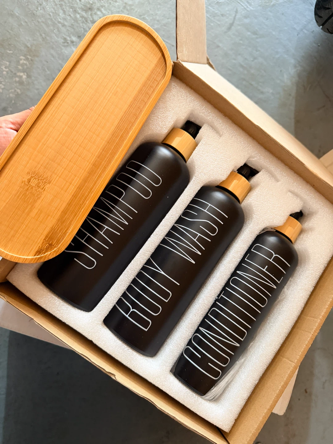 3-Piece Black Dispenser Set with Bamboo Tray