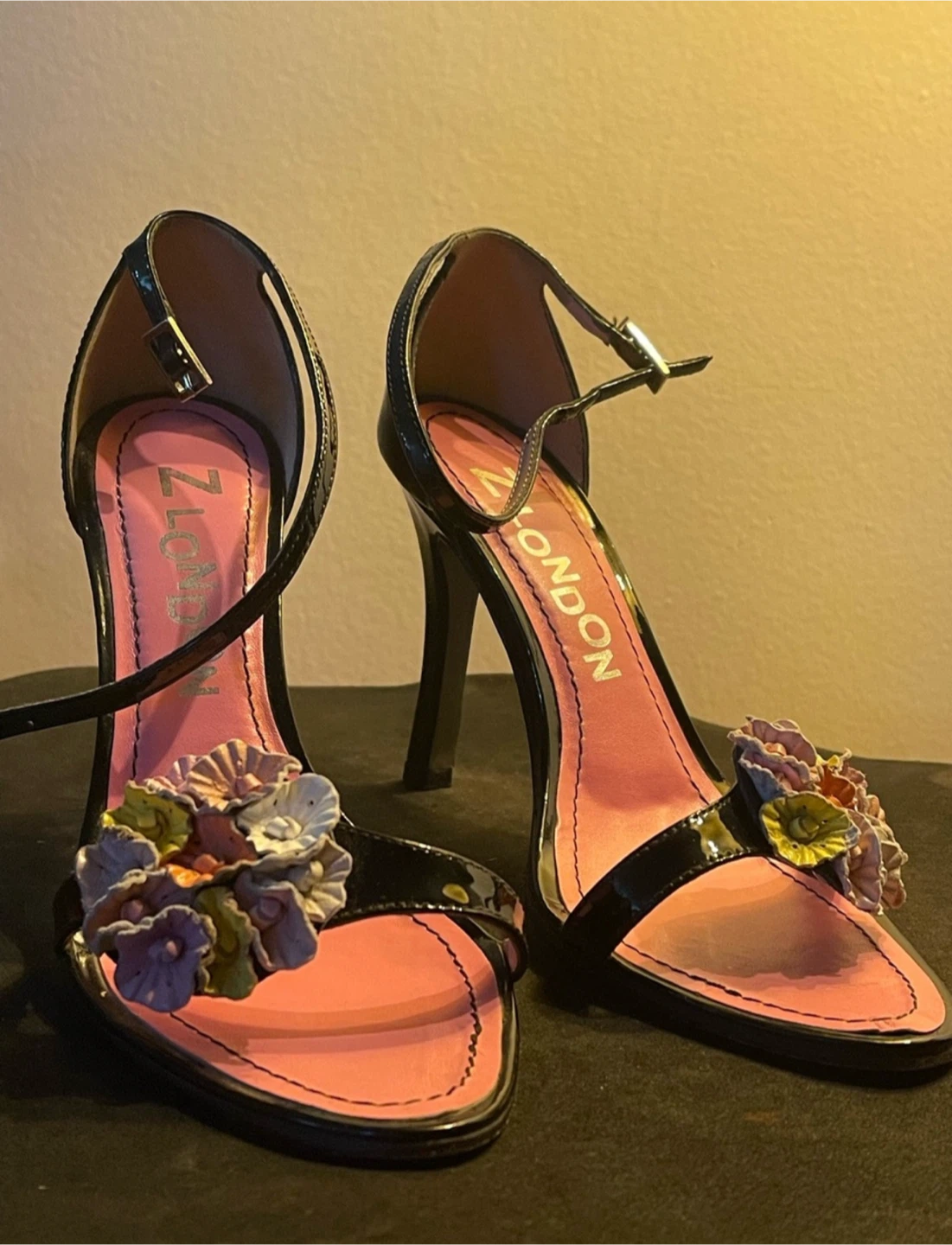 Vintage Black Patent Heels with Floral Embellishment