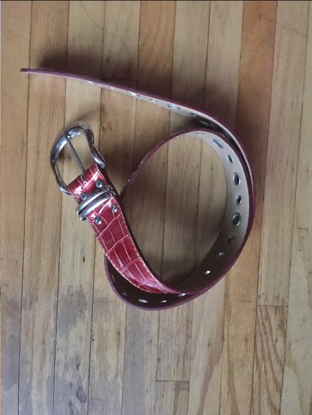 Red Faux Croc Belt with Silver Buckle