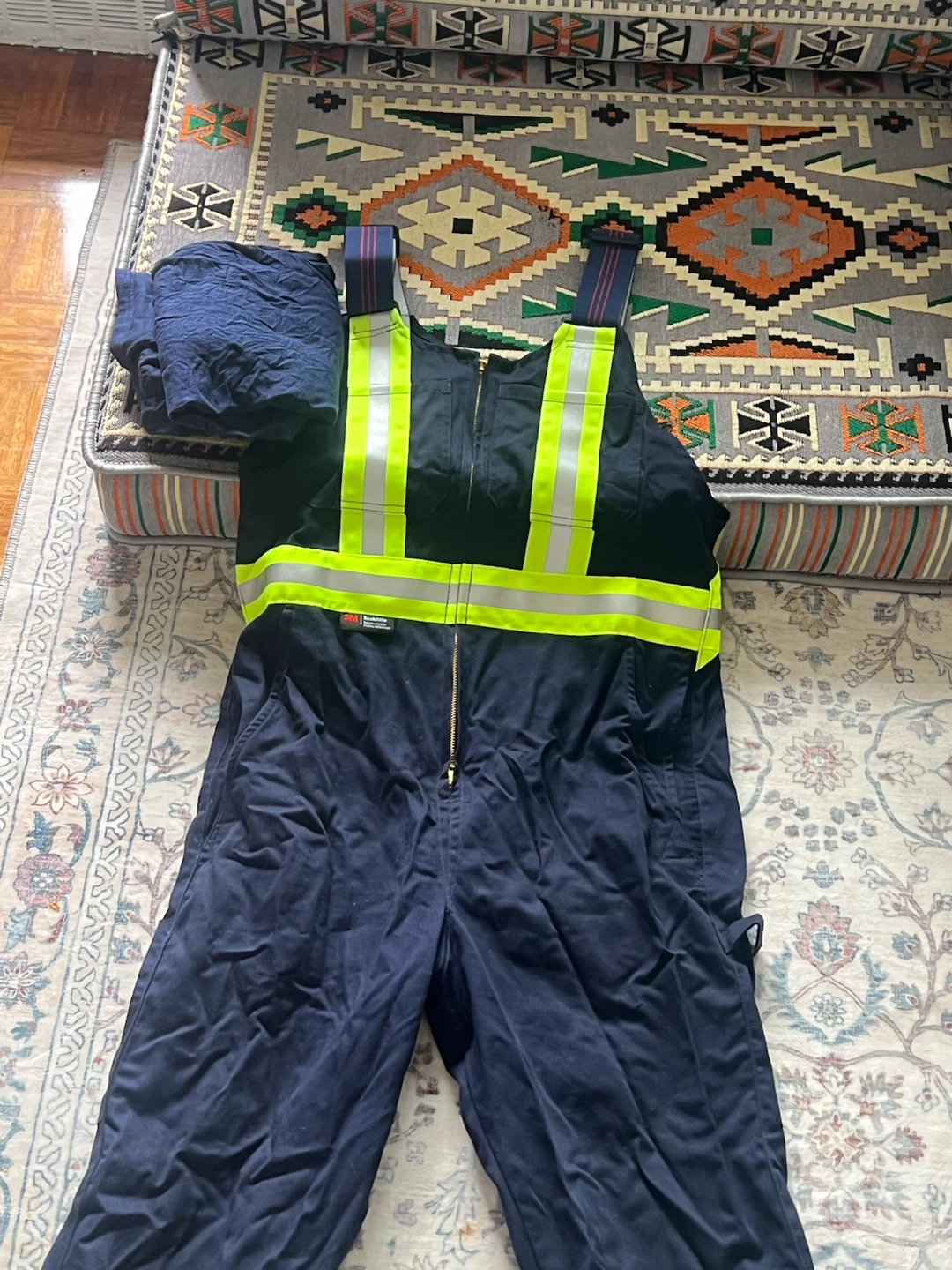 Navy Blue Work Bib Overalls with Reflective Strips - photo 3