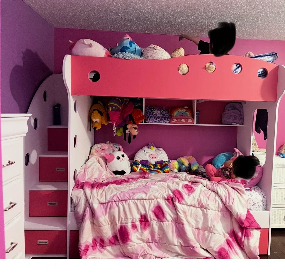 Pink and White Twin Bunk Bed with Stairs