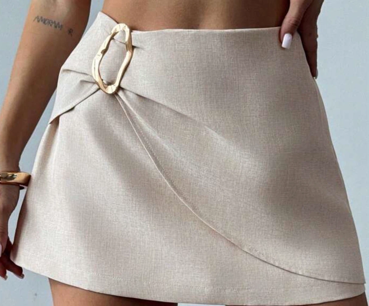Beige A-Line Mini Skirt with Gold Buckle