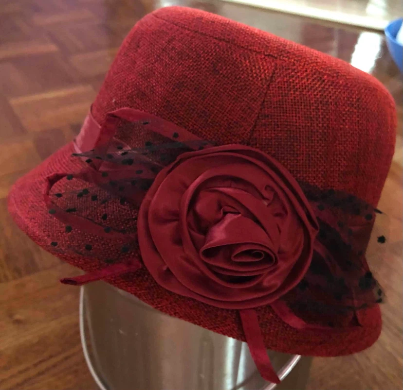 Red Fascinator Hat with Flower and Netting