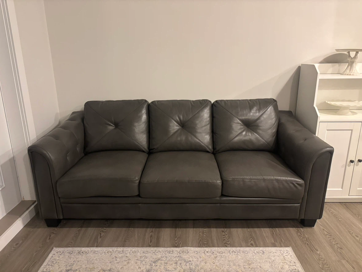 Grey Leather 3-Seater Sofa