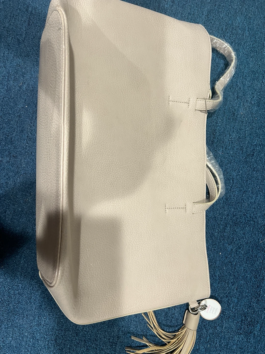 Pale Gray Faux Leather Tote Bag with Tassel
