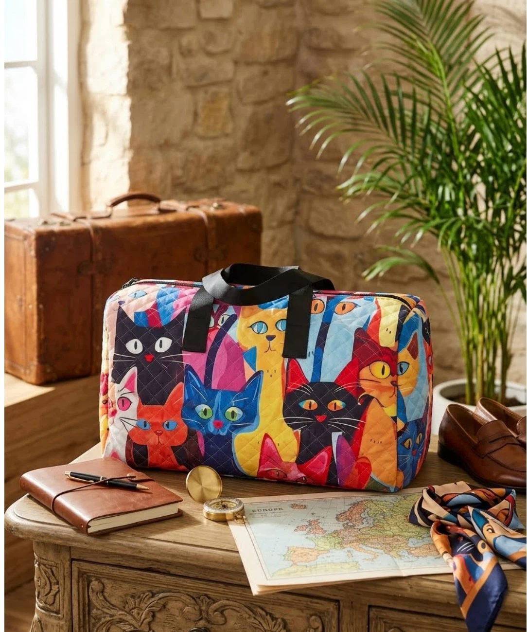 Quilted Duffle Bag with Colorful Cat Print