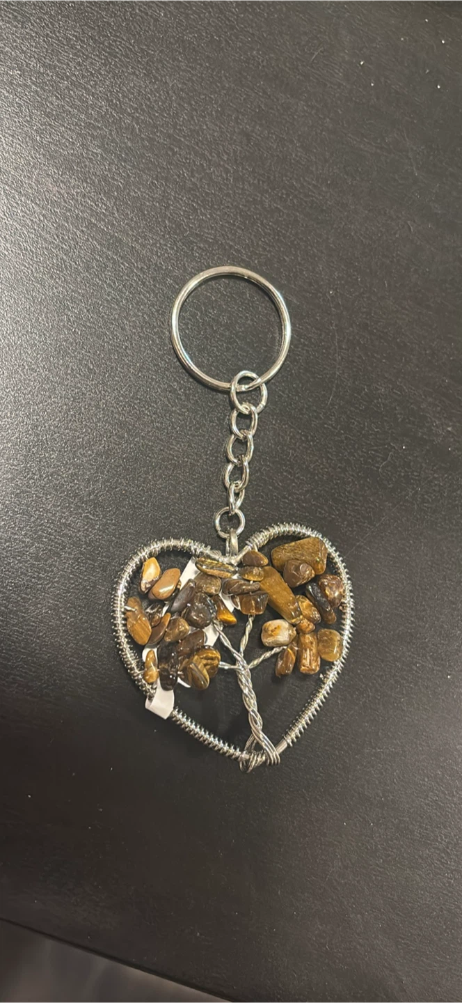 Heart shaped Tree of Life Keychain with Tiger's Eye Stones