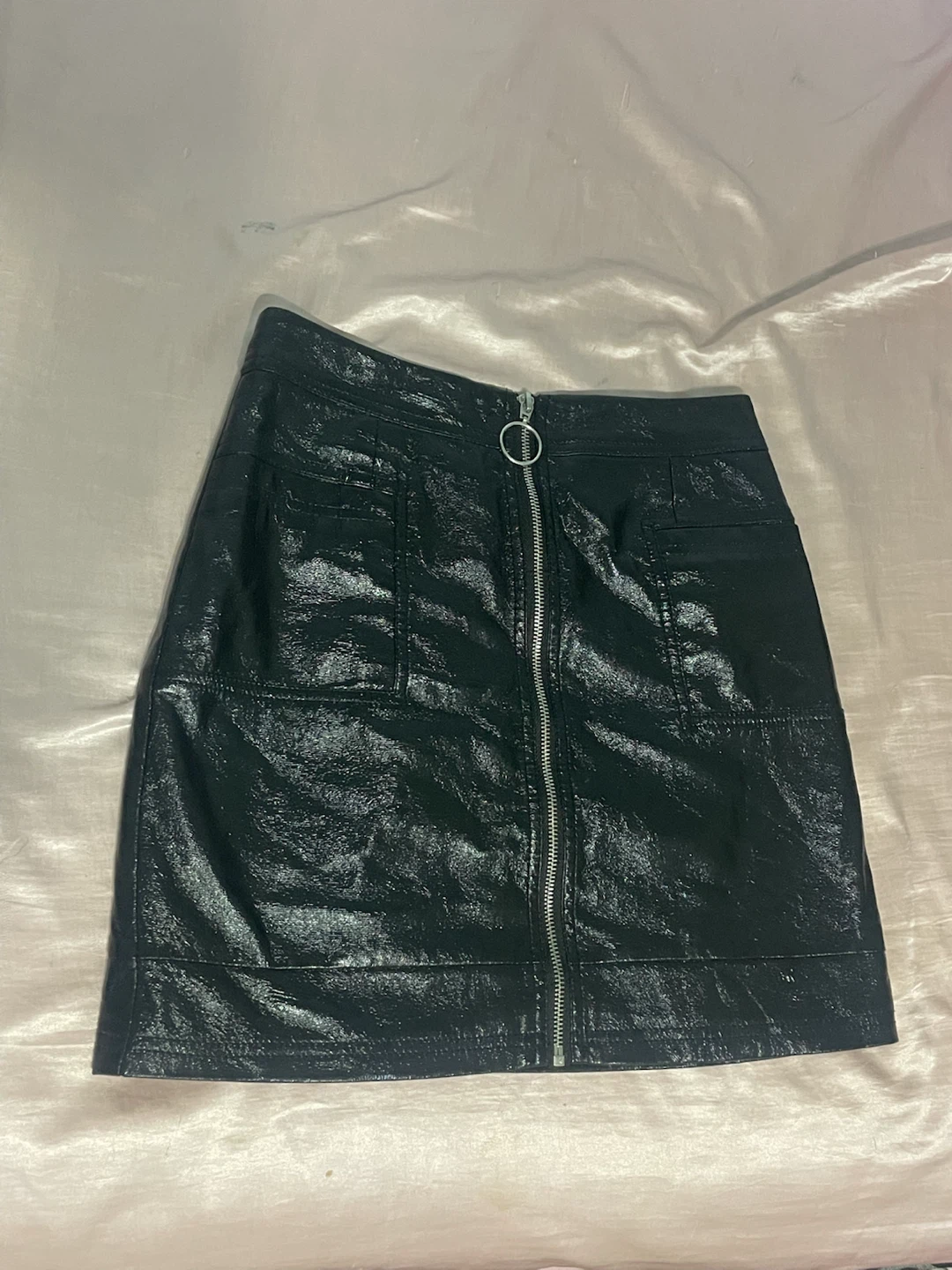 Black Faux Leather Mini Skirt with Zipper Detail