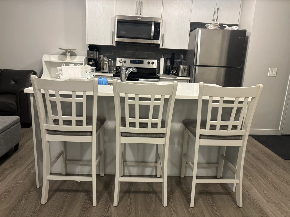 Set of 3 White Counter Stools with Grey Cushions