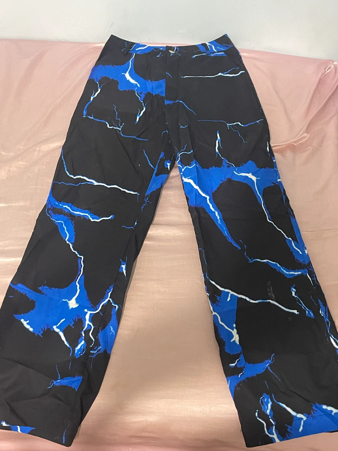 Black and Blue Lightning Print Wide Leg Pants