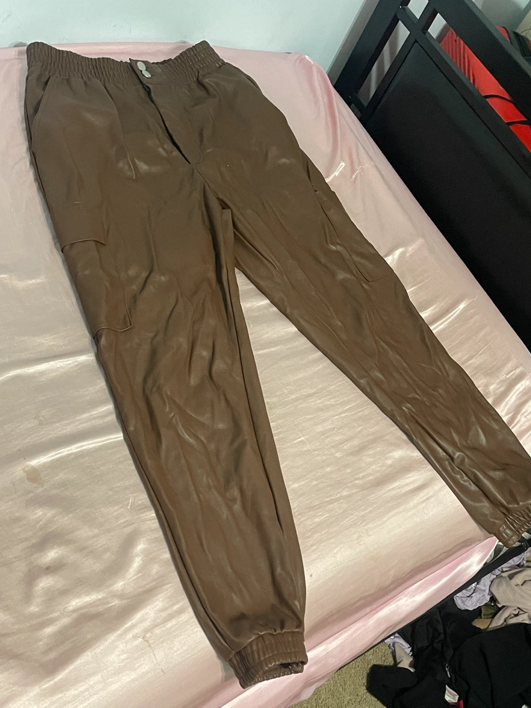 Brown Faux Leather Cargo Joggers