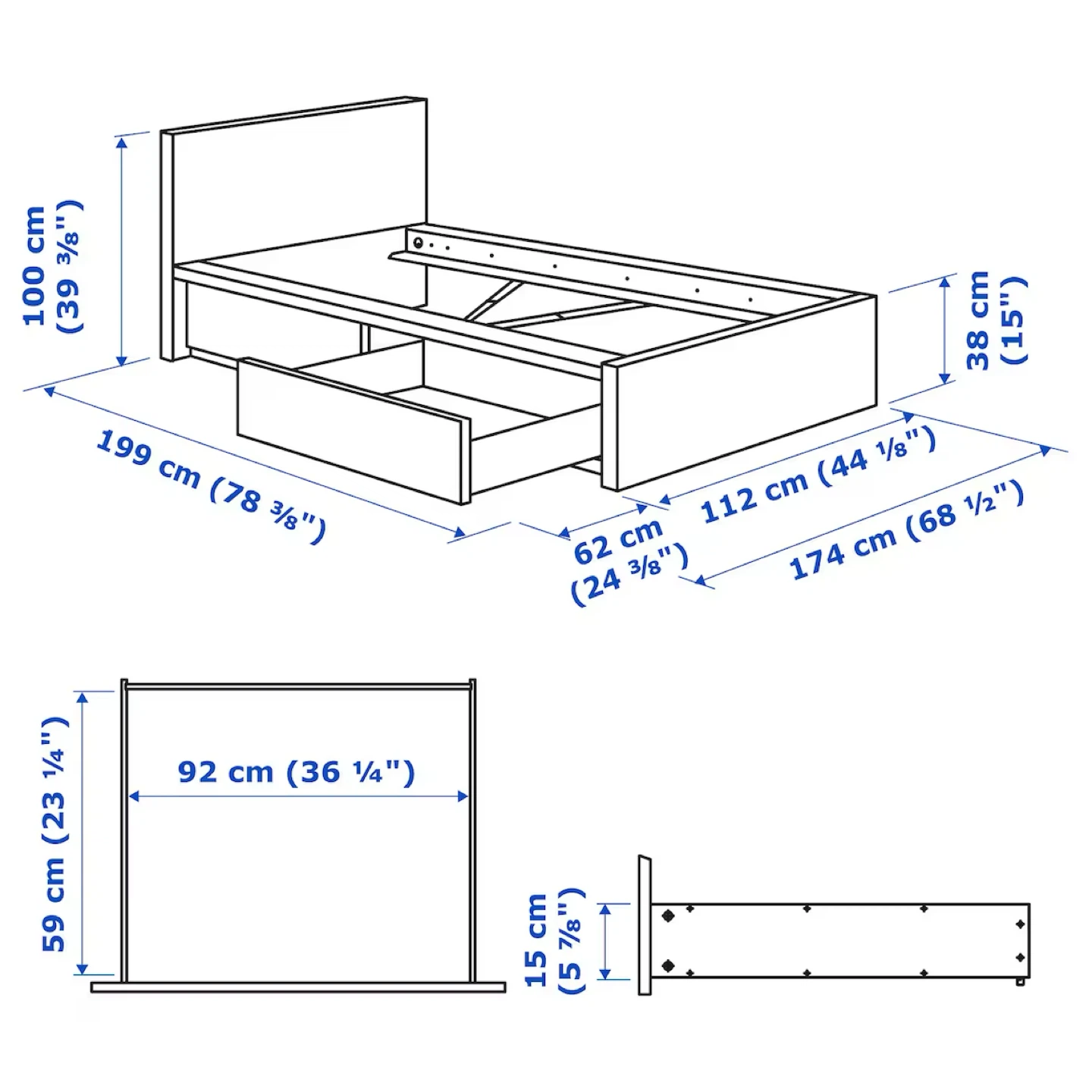 IKEA Malm Black Brown Twin Size Single Bed Frame and 2 Drawers - photo 3