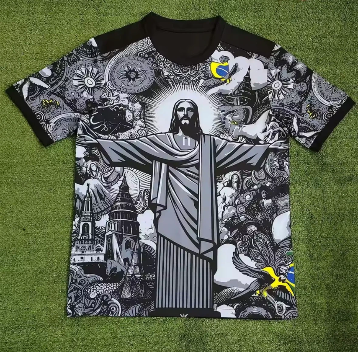 T-Shirt with Jesus Christ and Cityscape Graphic