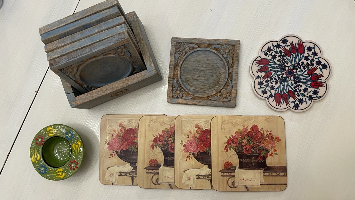Wooden Coasters with Holder & Decorative Coaster Set