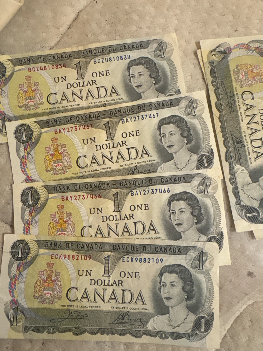 Collection of Four 1973 Canadian One Dollar Bills