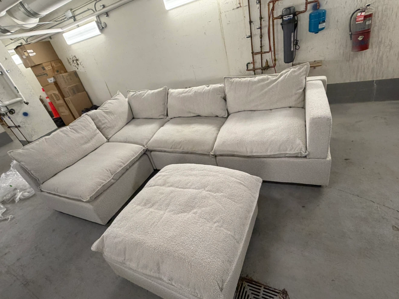 Cream Teddy Fabric Sectional Sofa with Ottoman