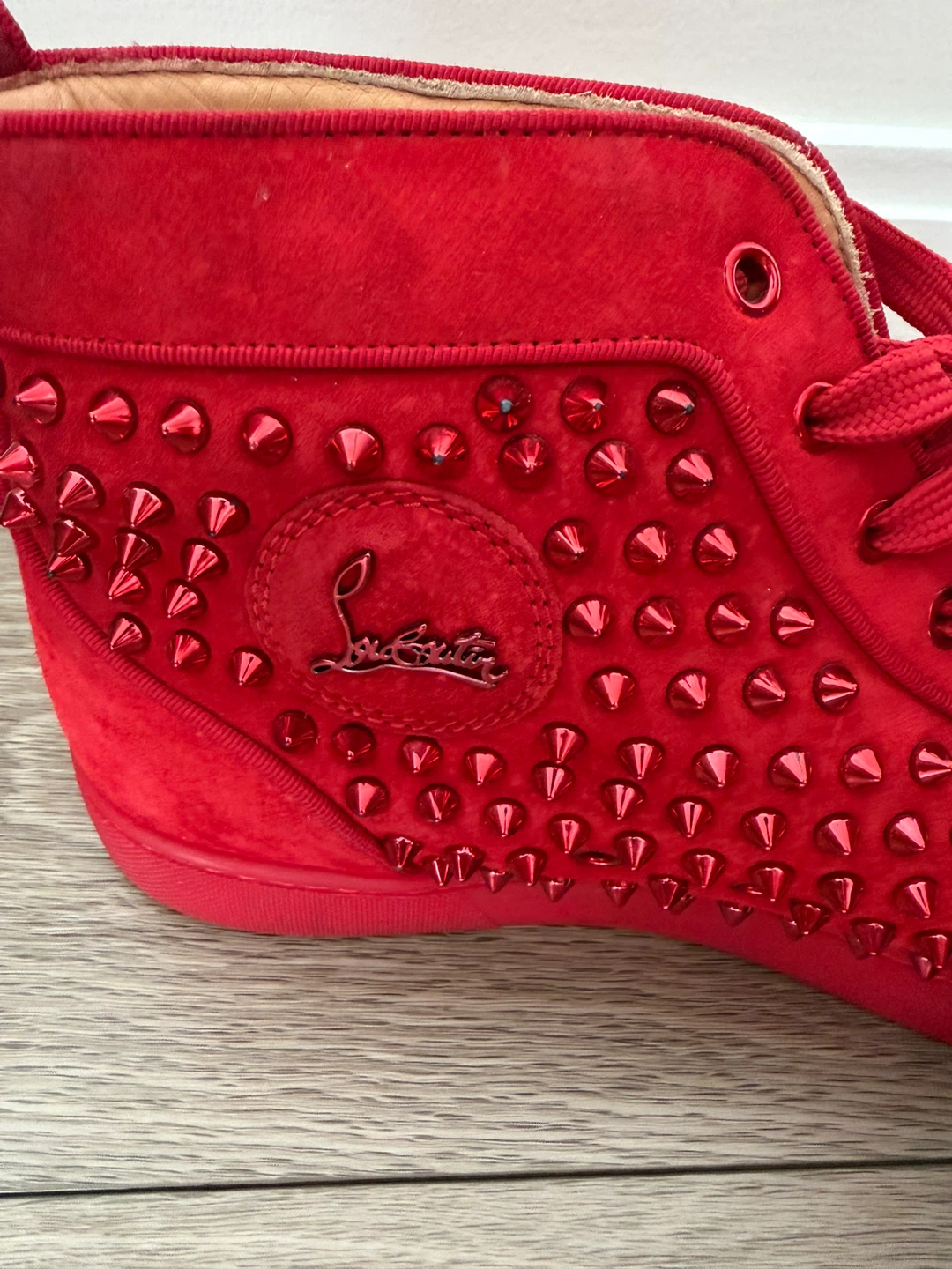 Christian Louboutin Red Suede Spiked High Top Sneakers