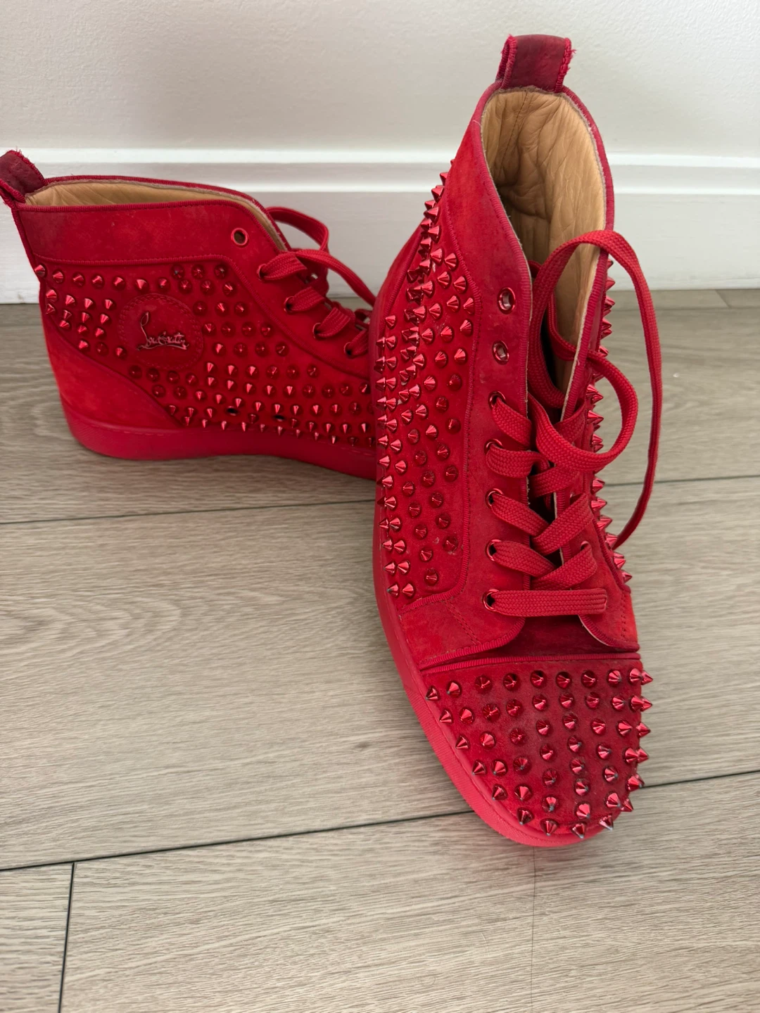 Christian Louboutin Red Suede Spiked High Top Sneakers - photo 2