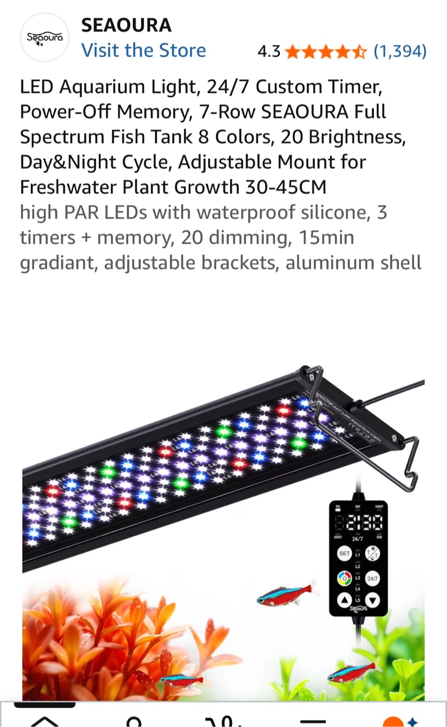 SEAOURA LED Aquarium Light 30-45CM Fish Tank Plant Growth